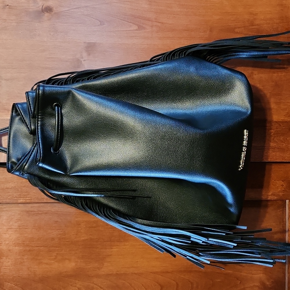 Chic Black Faux Leather Victoria's Secret Darwstring Backpack with Fringe